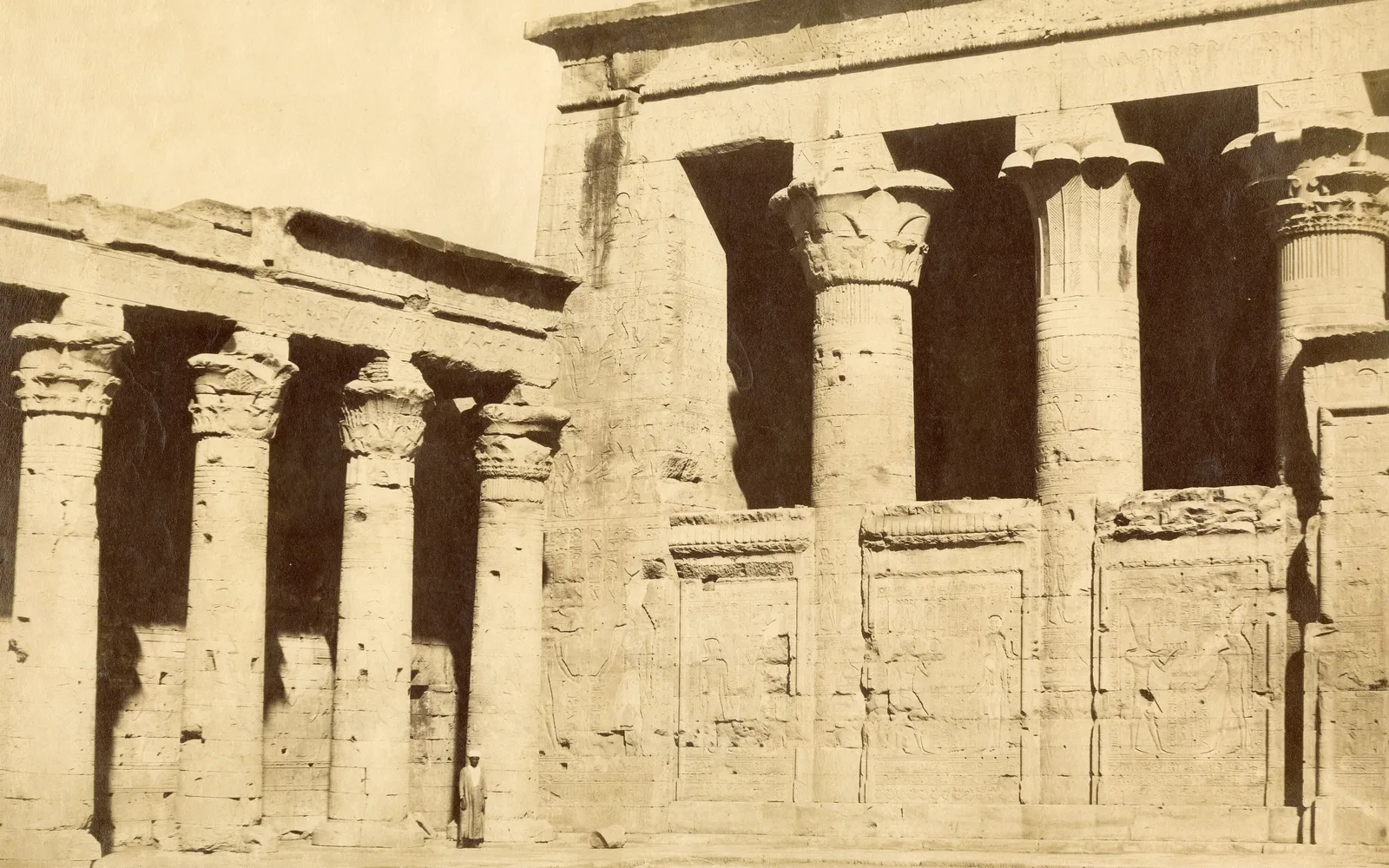The colonnade of the Temple of Horus at Edfu, photographed in the 1870s