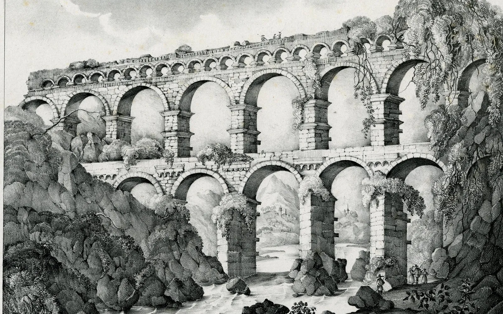 The three tiers of arches of the Pont du Gard aqueduct, Provence